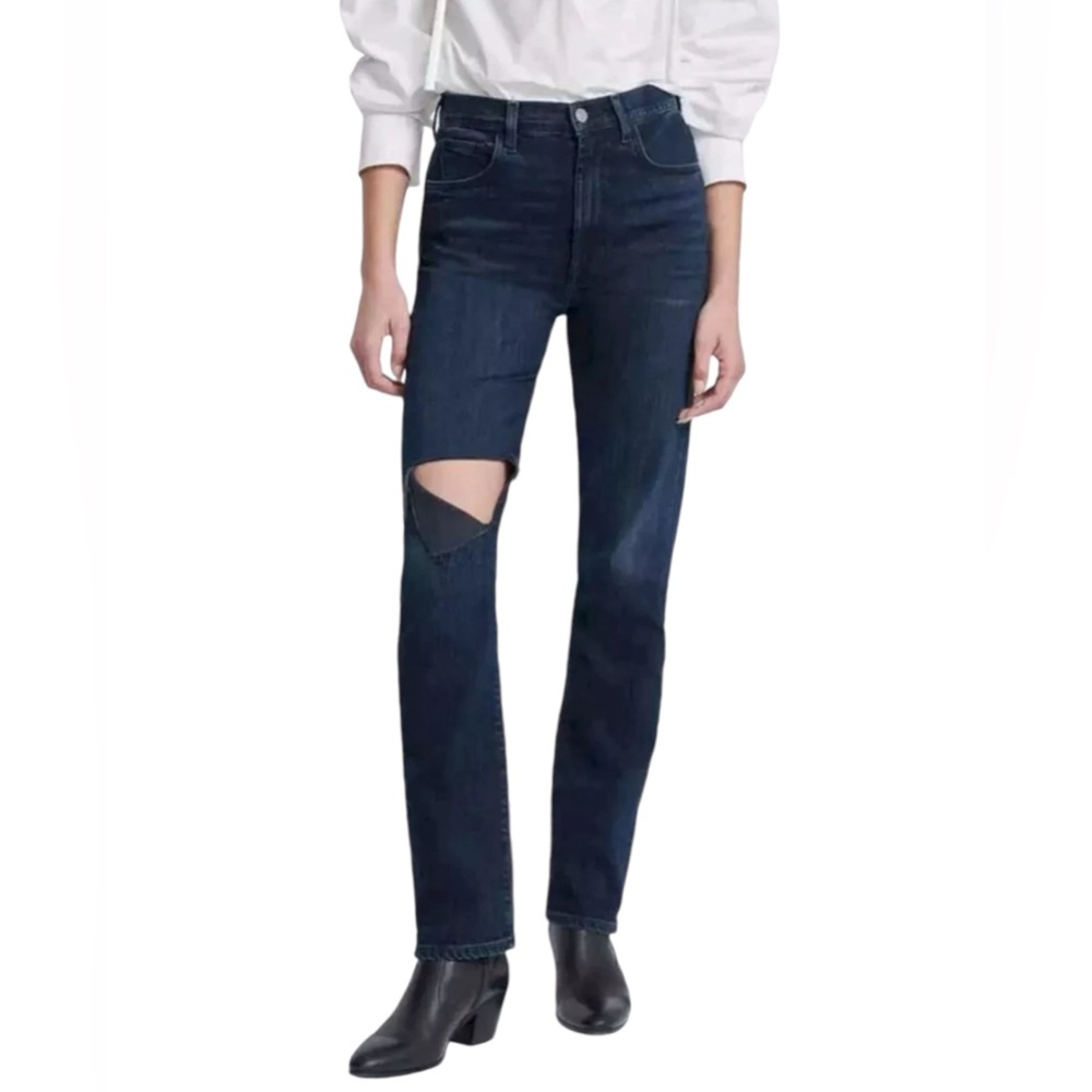 NWT 7 For All Mankind Jeans Womens Sz 26 Easy Slim Dark Blue Ripped Knee…